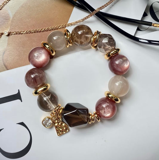 Twilight Realm · Twilight Narrative Series | Pink Lepidolite & Rabbit Hair Quartz Bracelet | Retro Brown 15mm