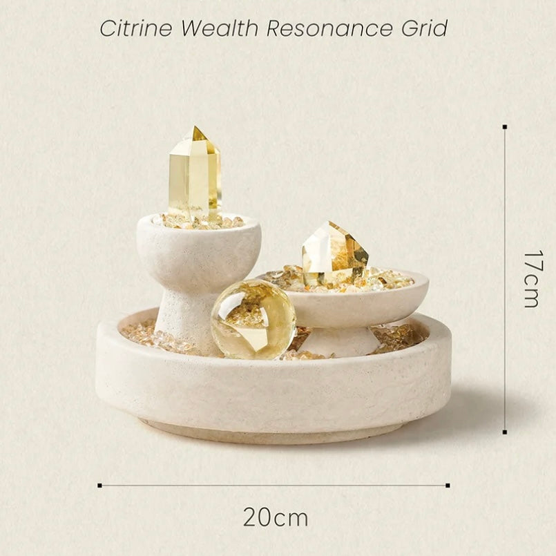 Citrine Wealth Energy Grid showing 17cm height and 20cm width with cave stone container.