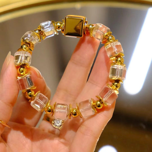 A model wearing the 11mm Aurora Orbit bracelet, showing its scale and modern elegance.