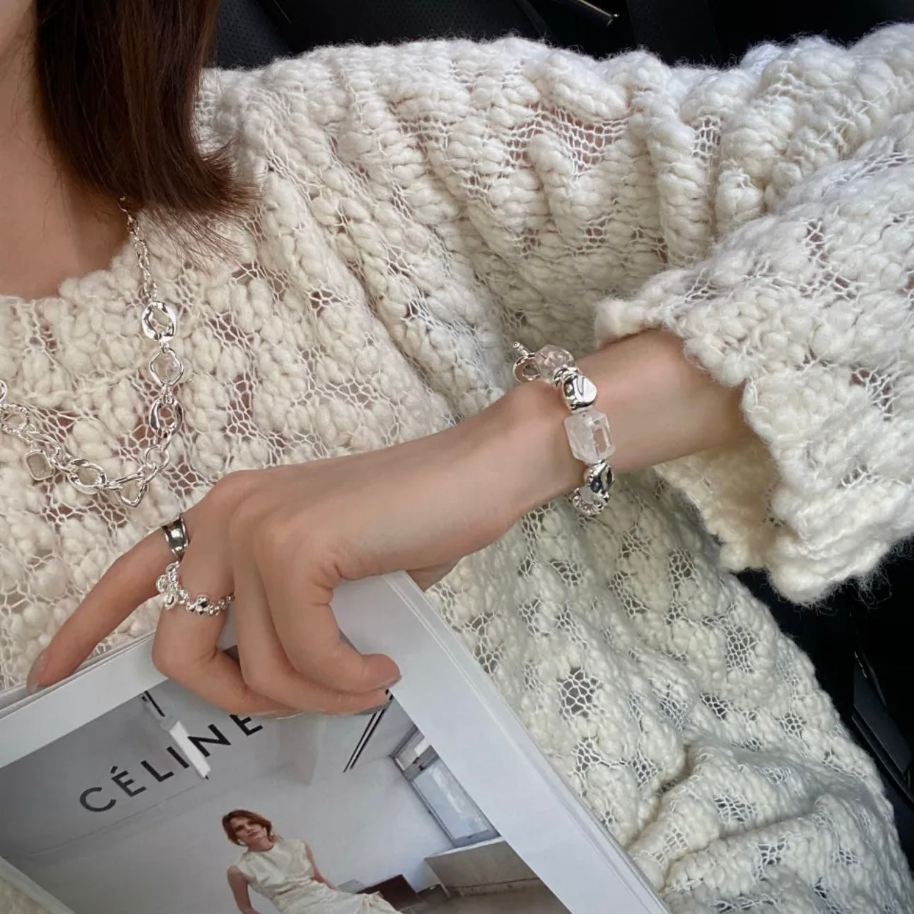 Hand model Long-termism white crystal bracelet - snow phantom quartz freeform clear quartz 2026 Gentle Crystals