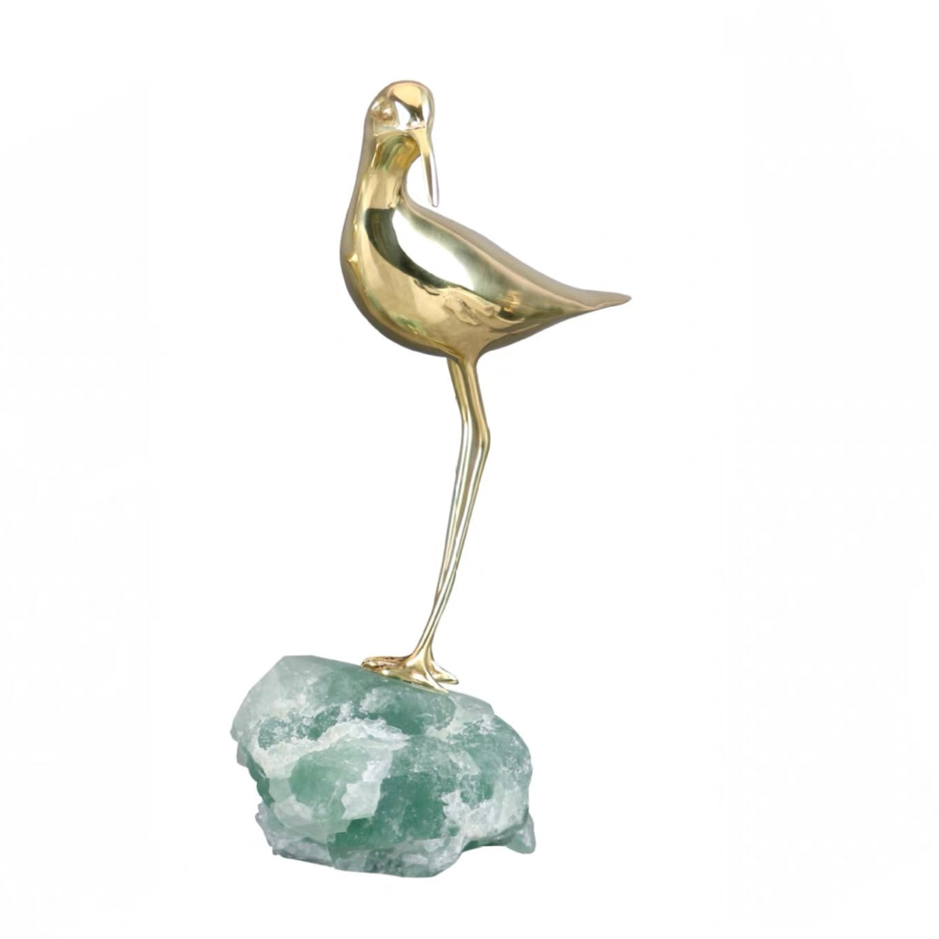 Macro view of the polished bronze bird craftsmanship, highlighting the sleek silhouette and golden metallic finish.