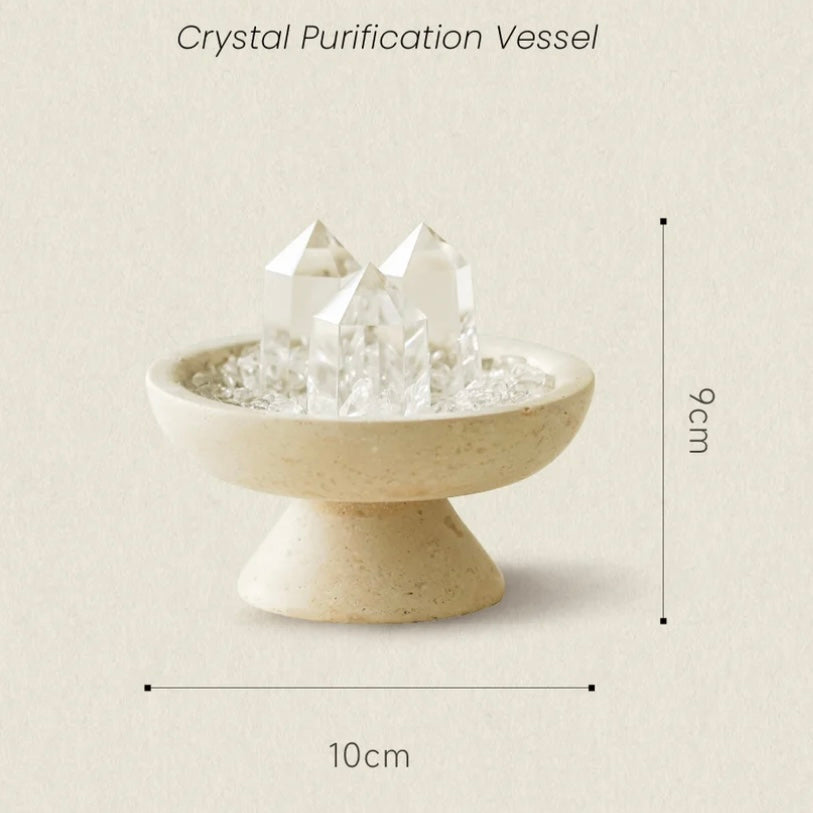 Elegant clear quartz ornament displayed in a zen office for mind calming and space purification.