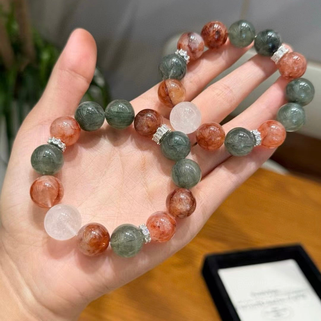 Maillard Color Crystal Bracelet, Designer Crystal Jewelry, Red Rutilated Quartz, Green Rutilated Quartz, White Phantom Crystal, Healing Bracelet