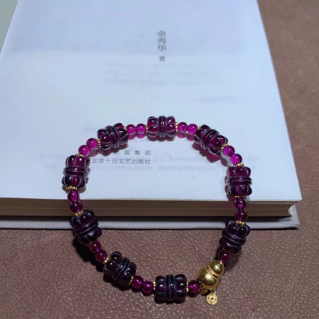 Natural Rhodolite Garnet Beaded Bracelet with Vintage Silver Accents - 8x11mm Gemstone Jewelry for Confidence, Beauty & Energy