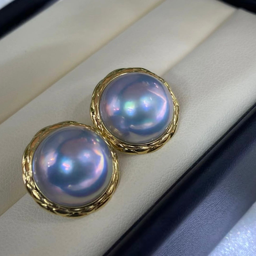 Starry Sky Blue Mabe Pearl Drop Earrings | 18K Gold Checkerboard Setting