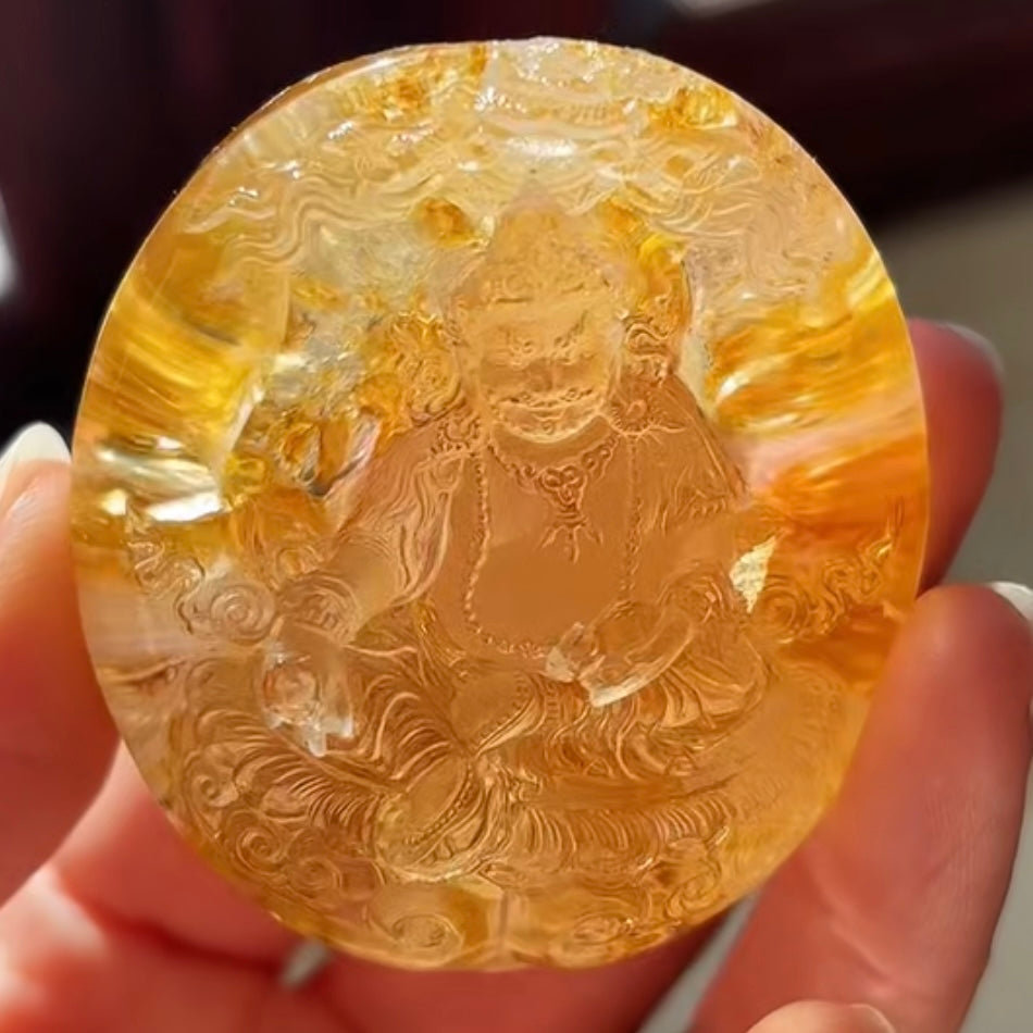 Natural Hand-Carved Yellow Rutilated Quartz Yellow God of Wealth Pendant