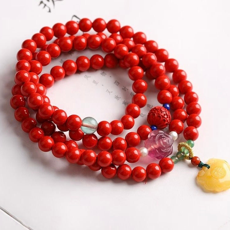 Natural Raw Ore Cinnabar Premium Red Sand「108-Bead Buddhist Rosary」- 2-in-1 Bracelet & Necklace