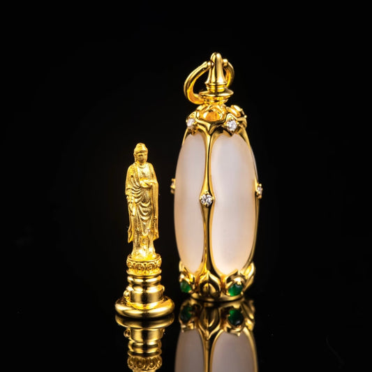 18K Gold Crystal Buddhist Pendant closed shrine view showing translucent crystal body and gold detailing