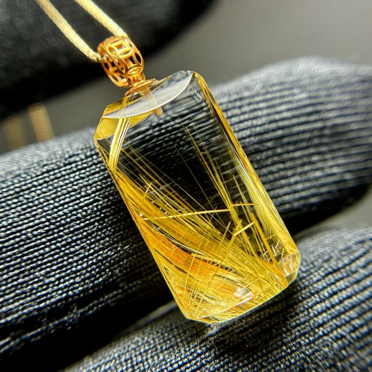 18K Gold Inlaid Natural Titanium Crystal Wushipei Pendant with dense golden rutilated needles.