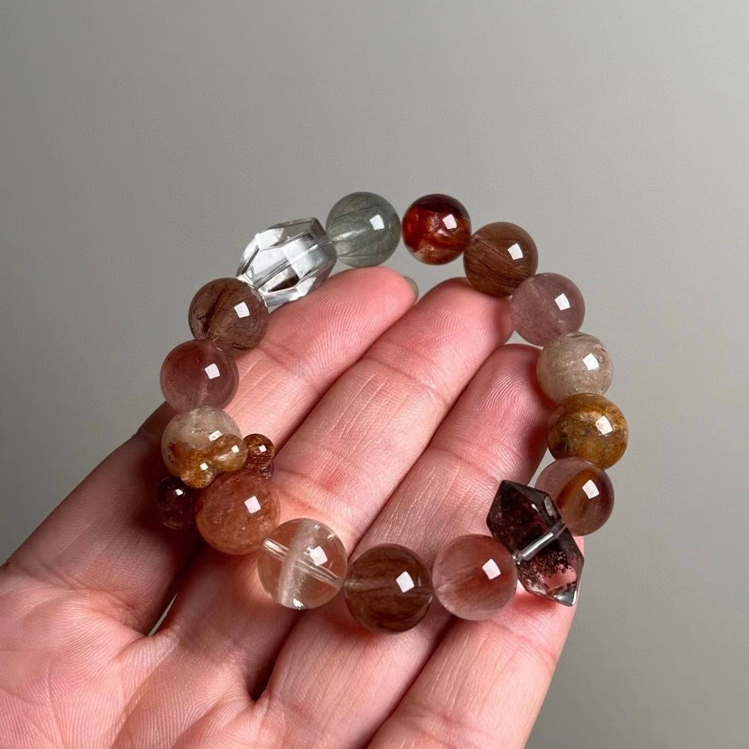 Natural Green Rutilated Quartz, Colorful Rabbit Hair Crystal, Red Auralite, Thousand-Layer Phantom Quartz, Colorful Rutilated Quartz, Yellow Phantom Quartz, Colorful Rutilated Quartz Spinning Ring, Multi-Gemstone Bracelet, Size: Approx. 12-13mm