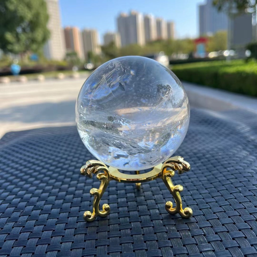 Natural White Crystal Sphere Feng Shui Decor - 7.4cm (7cm) Reiki Metaphysical Healing Crystal Ball with Stand