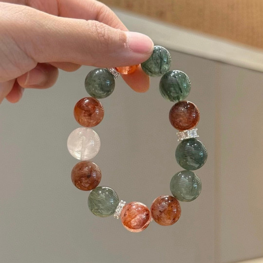 Maillard Color Crystal Bracelet, Designer Crystal Jewelry, Red Rutilated Quartz, Green Rutilated Quartz, White Phantom Crystal, Healing Bracelet