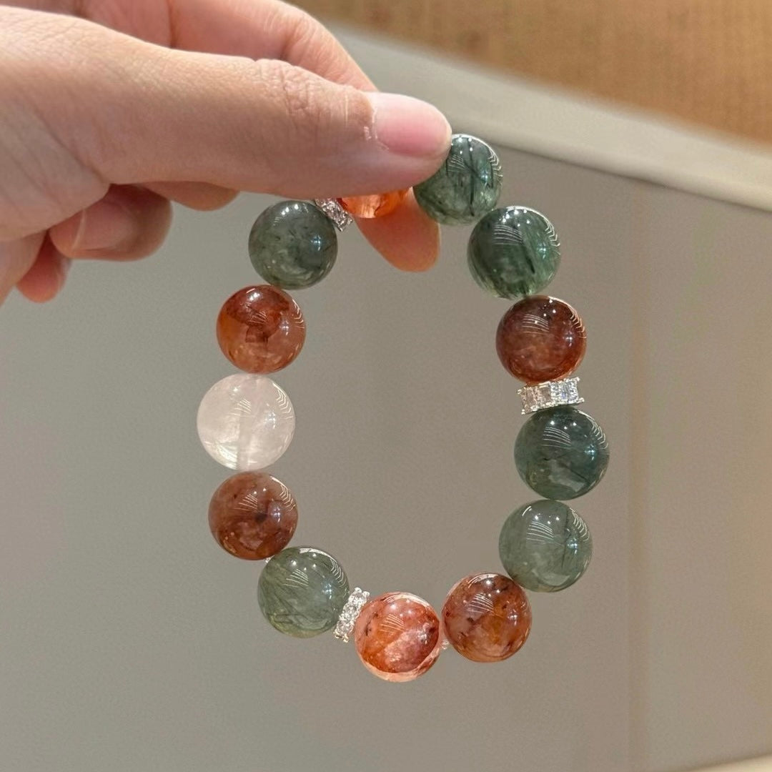 Maillard Color Crystal Bracelet, Designer Crystal Jewelry, Red Rutilated Quartz, Green Rutilated Quartz, White Phantom Crystal, Healing Bracelet