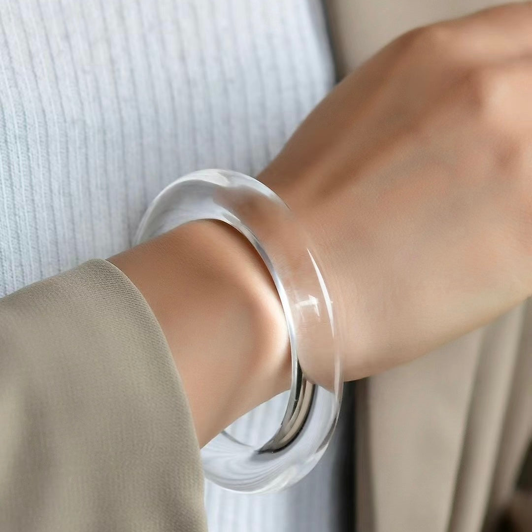 Natural White Crystal Wide Tire Bangle | Ice-Clear Phantom Flower