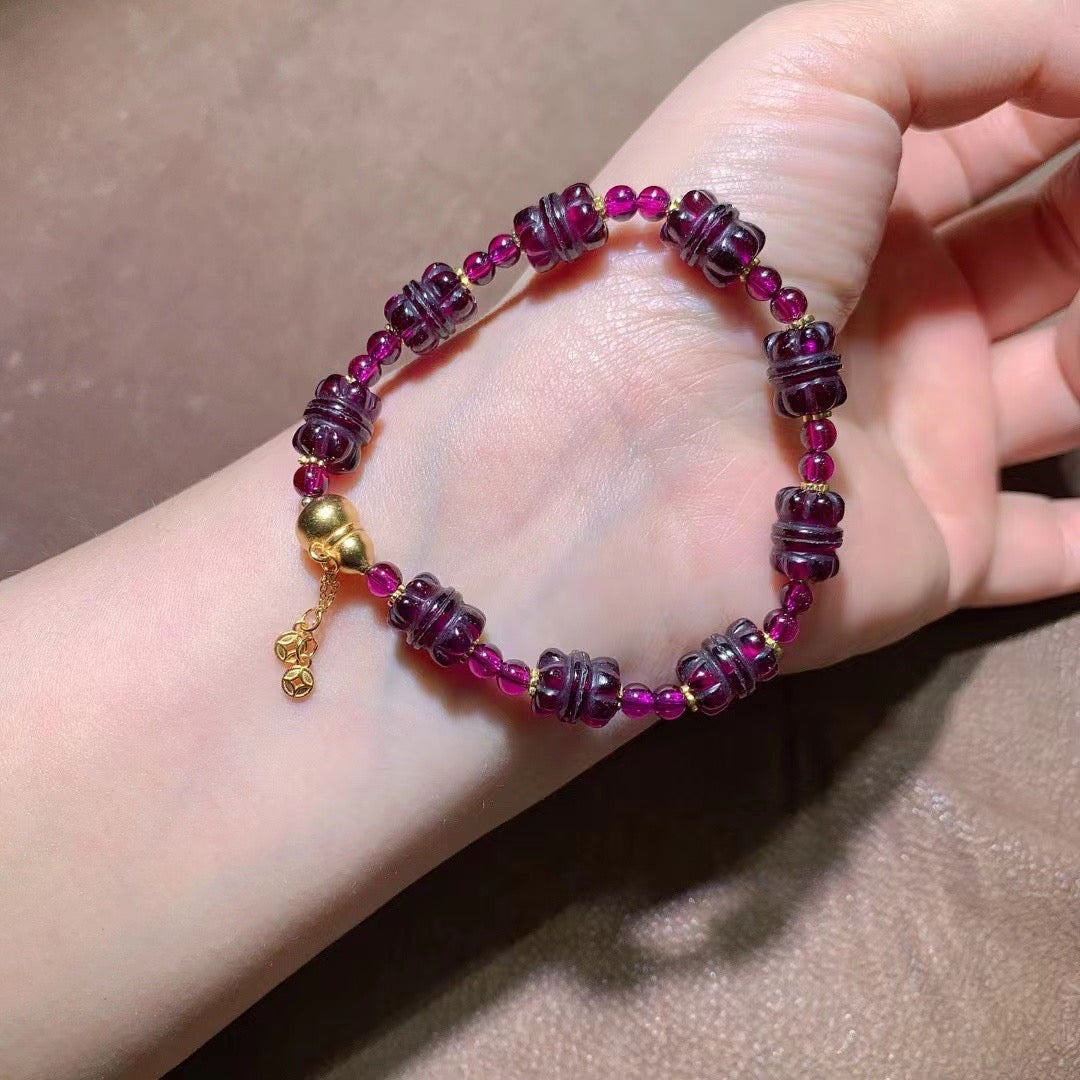 Natural Rhodolite Garnet Beaded Bracelet with Vintage Silver Accents - 8x11mm Gemstone Jewelry for Confidence, Beauty & Energy