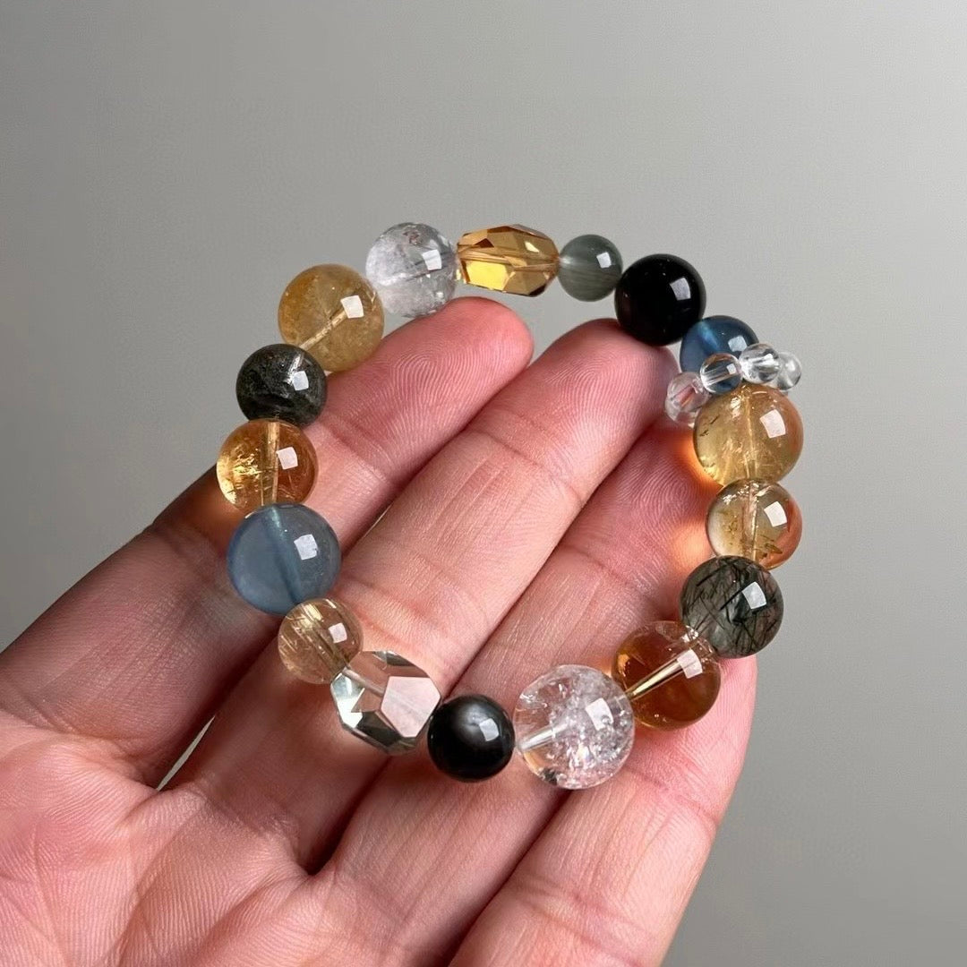 Natural Crystal Beaded Bracelet Set - Multi-Gemstone Feng Shui Jewelry for Wealth, Career & Protection (9-13mm)