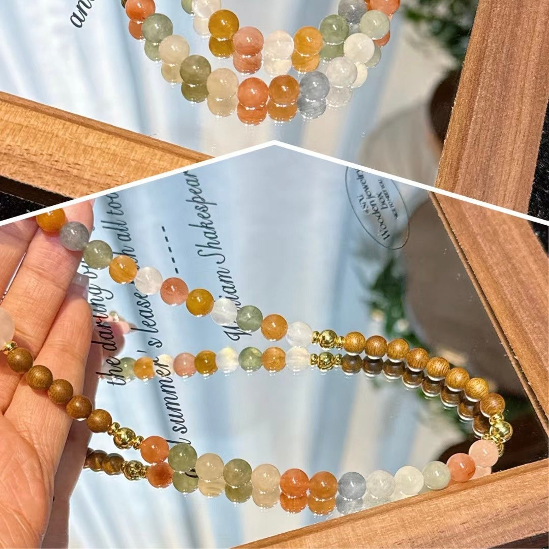 Deep SEO Optimization: "Floating Light Chases Snow · Sandalwood Zen" ❄️ Designer's Vintage Sandalwood & Colorful Rutilated Quartz Bracelet