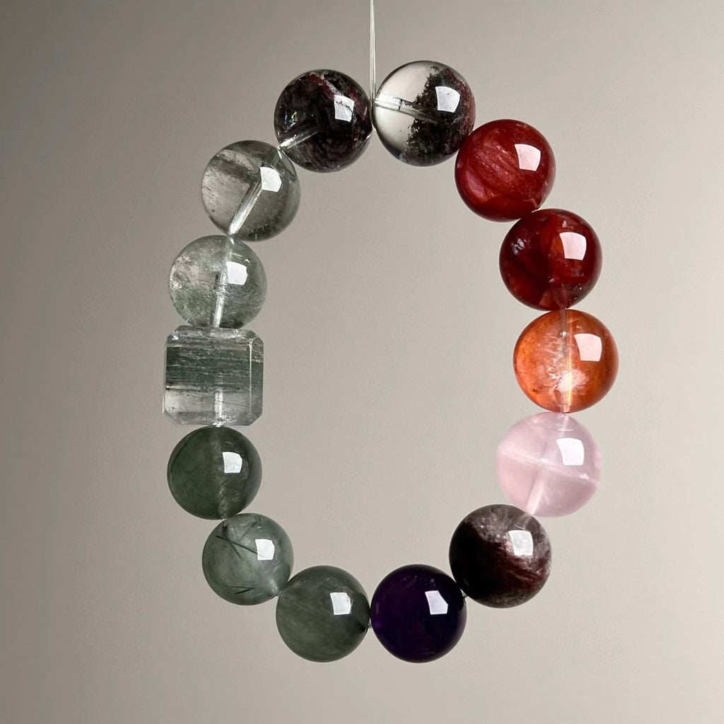 Natural Crystal Beaded Bracelet Set - Multi-Gemstone Feng Shui Jewelry for Wealth, Career & Love (15mm)