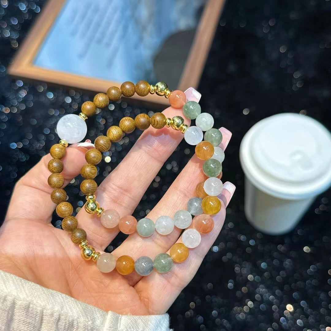 Deep SEO Optimization: "Floating Light Chases Snow · Sandalwood Zen" ❄️ Designer's Vintage Sandalwood & Colorful Rutilated Quartz Bracelet