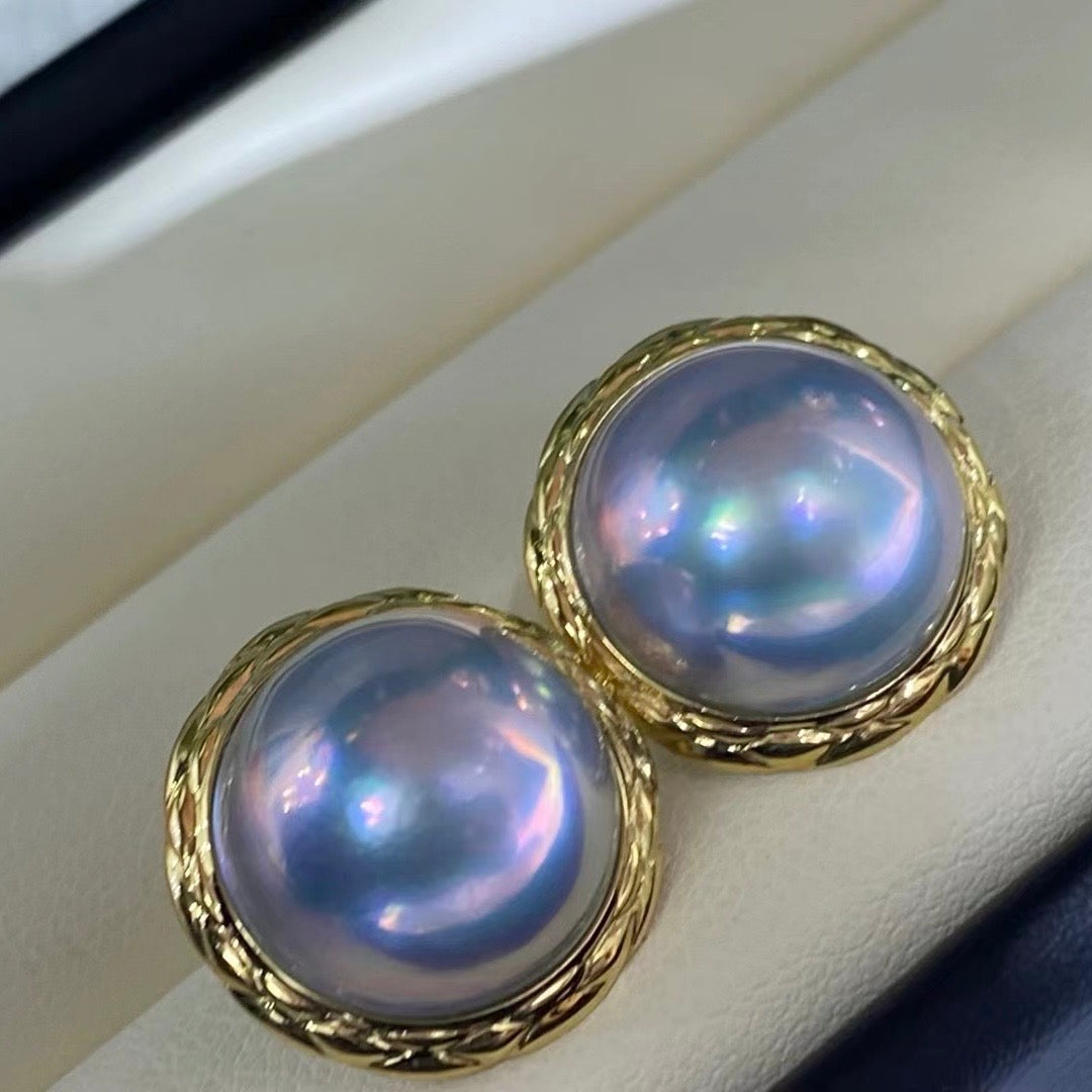 Starry Sky Blue Mabe Pearl Drop Earrings | 18K Gold Checkerboard Setting