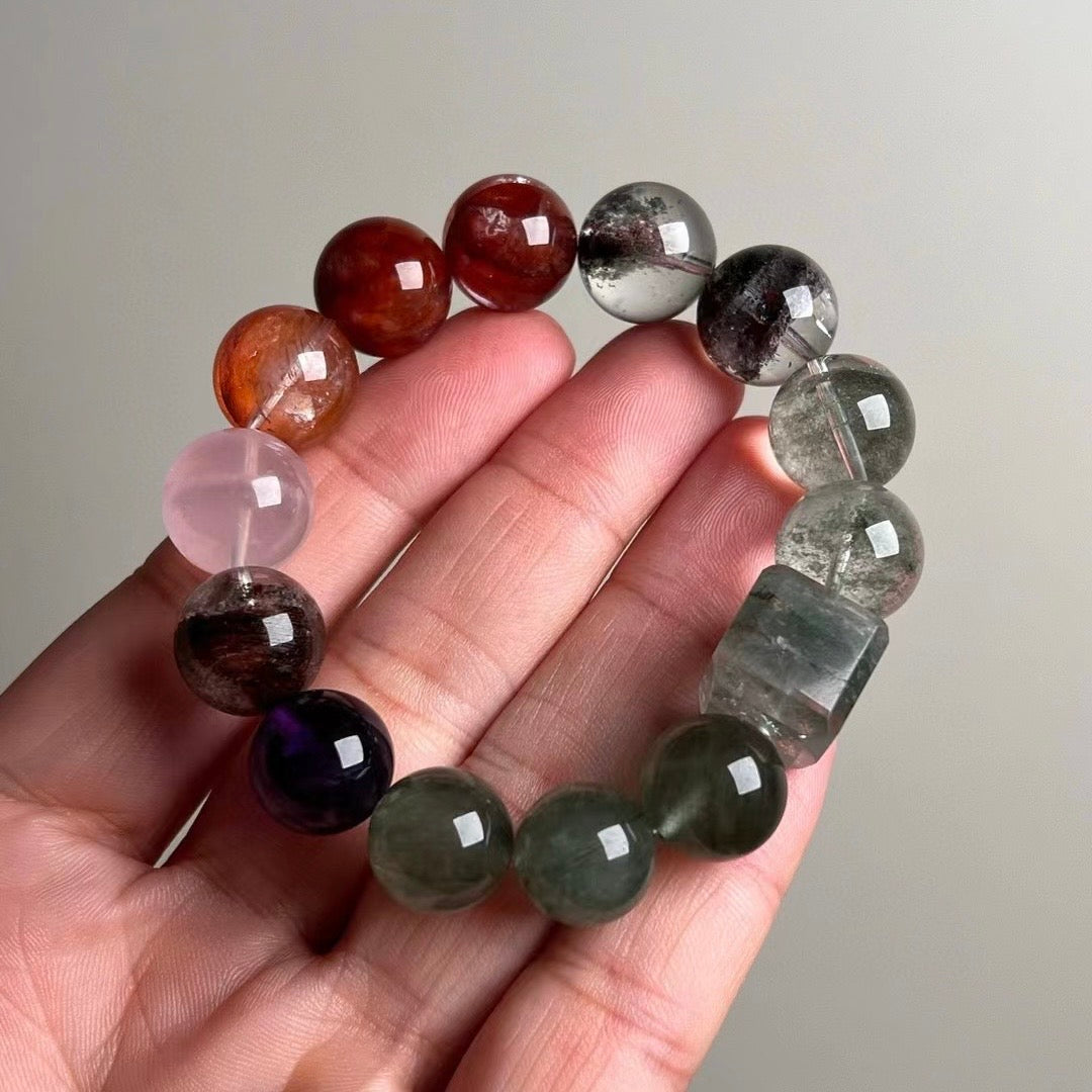 Natural Crystal Beaded Bracelet Set - Multi-Gemstone Feng Shui Jewelry for Wealth, Career & Love (15mm)