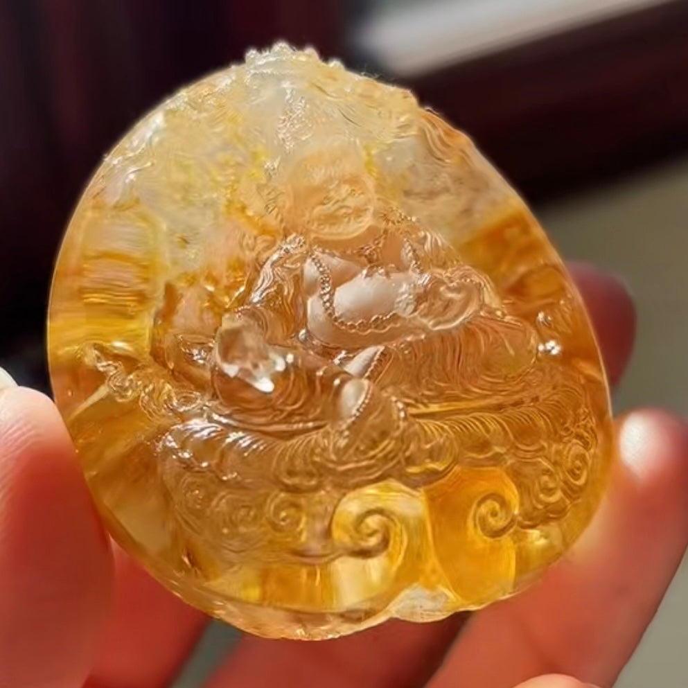 Natural Hand-Carved Yellow Rutilated Quartz Yellow God of Wealth Pendant