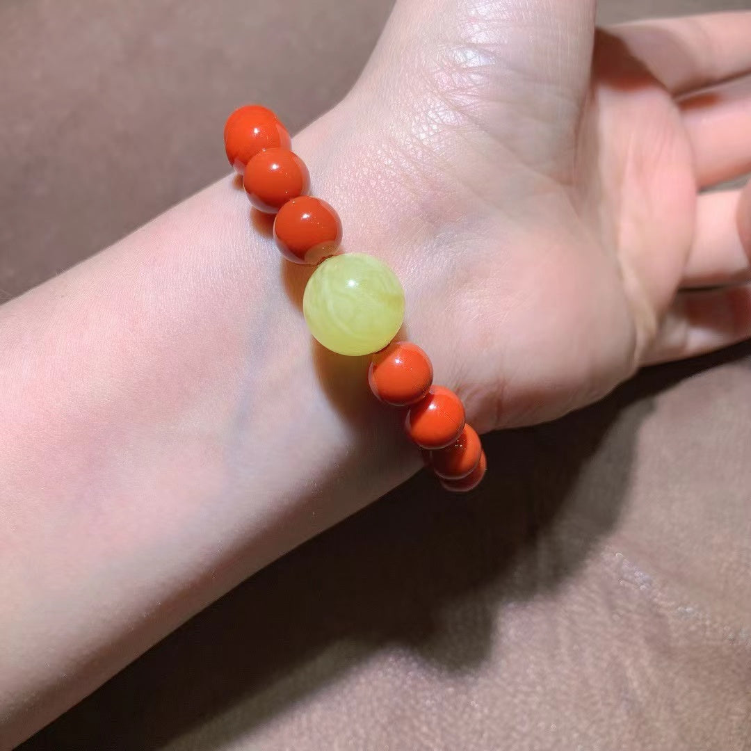 Natural South Red Agate Beaded Bracelet with Amber & Turquoise - 10.2mm Handmade Jewelry for Love, Emotional Calm & Cancer Zodiac (18K Gold Accents)