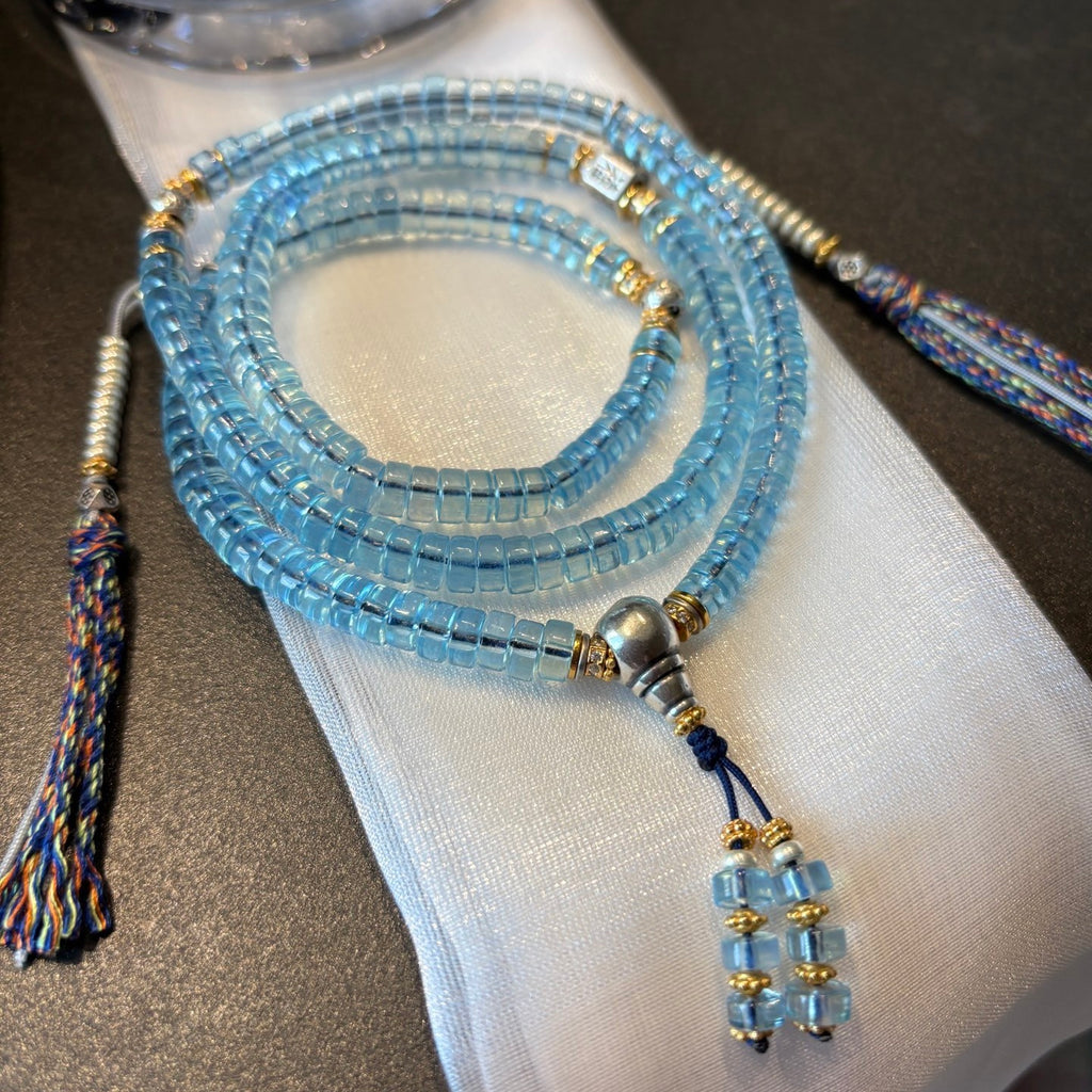 Malas - AAA Grade Natural Aquamarine Flat Round Beads Reiki Spiritual Healing Buddhist Prayer Beads