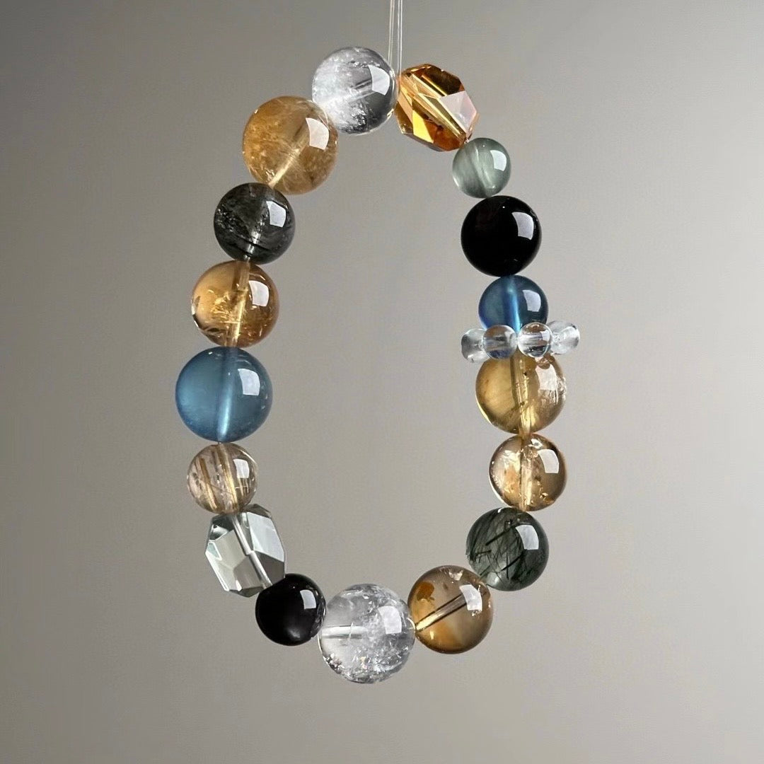Natural Crystal Beaded Bracelet Set - Multi-Gemstone Feng Shui Jewelry for Wealth, Career & Protection (9-13mm)