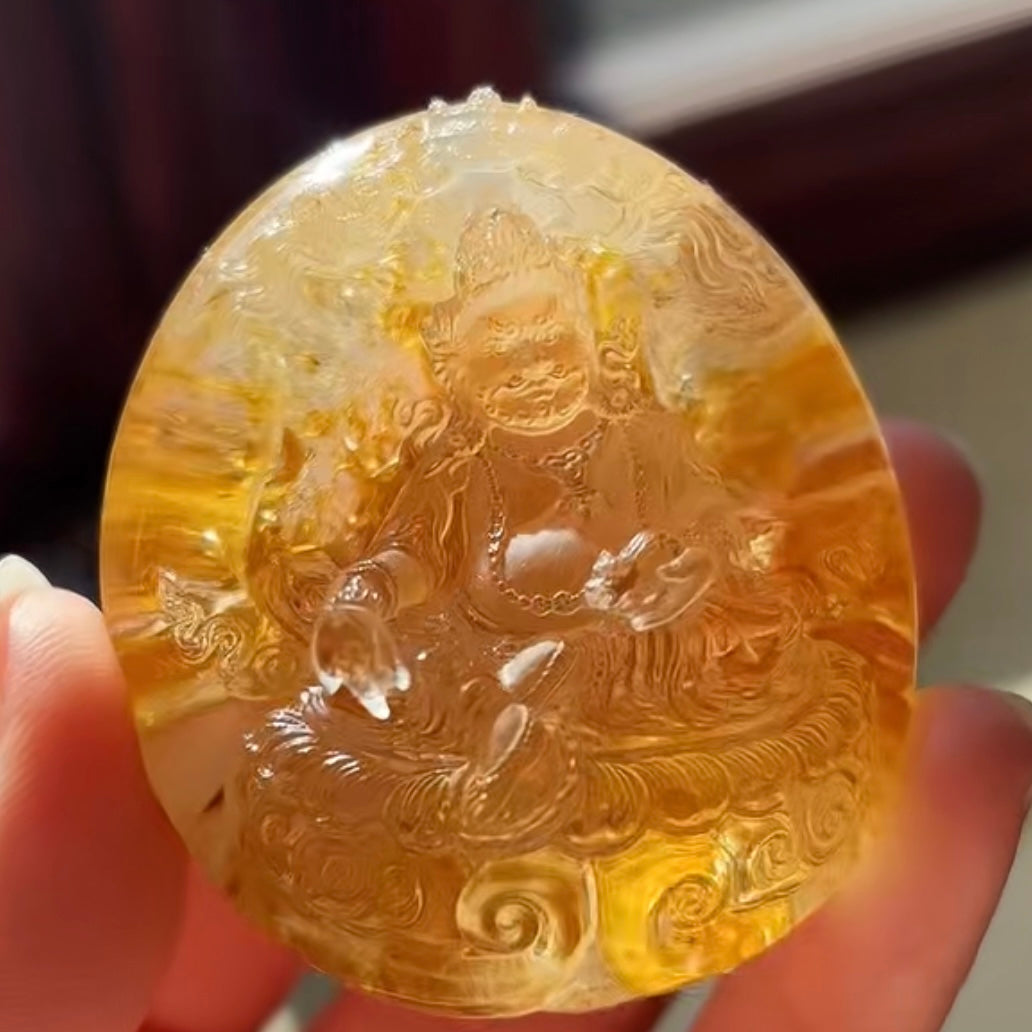 Natural Hand-Carved Yellow Rutilated Quartz Yellow God of Wealth Pendant