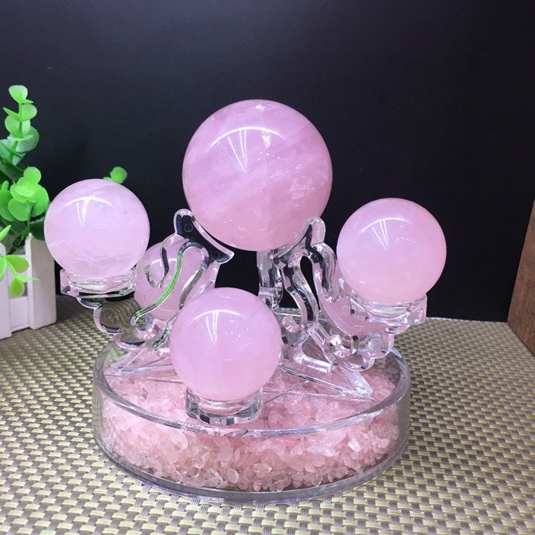 Natural Rose Quartz Sphere Seven-Star Array | Central Sphere 6.5cm, Surrounding Spheres 3.5cm, 15cm Base - Premium Love Energy Crystal Decor