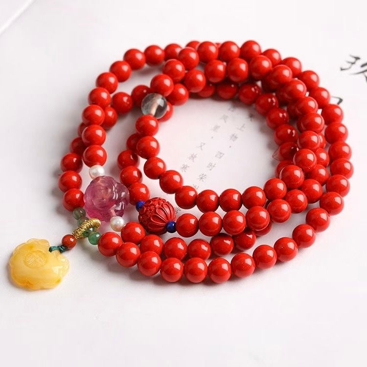 Natural Raw Ore Cinnabar Premium Red Sand「108-Bead Buddhist Rosary」- 2-in-1 Bracelet & Necklace