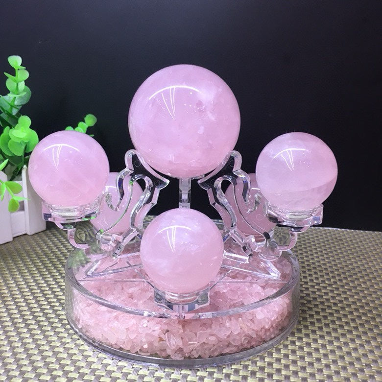 Natural Rose Quartz Sphere Seven-Star Array | Central Sphere 6.5cm, Surrounding Spheres 3.5cm, 15cm Base - Premium Love Energy Crystal Decor