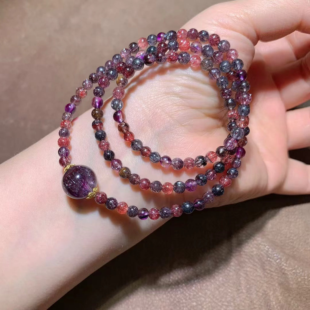 Natural Super Seven (Melody Stone) Beaded Bracelet with 18K Gold Accents - 5mm Gemstone Jewelry for Luck, Protection & Vitality