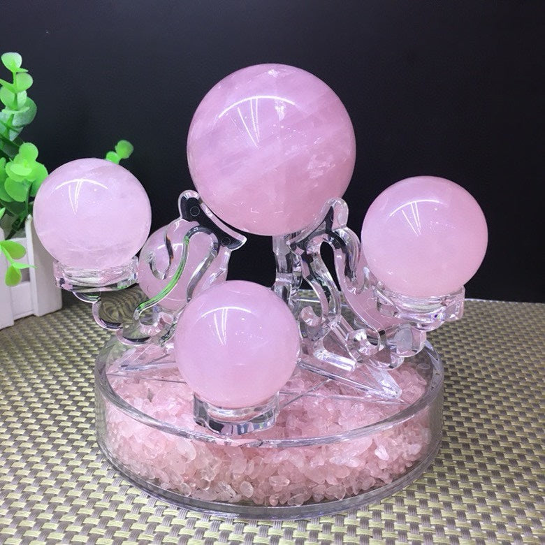Natural Rose Quartz Sphere Seven-Star Array | Central Sphere 6.5cm, Surrounding Spheres 3.5cm, 15cm Base - Premium Love Energy Crystal Decor
