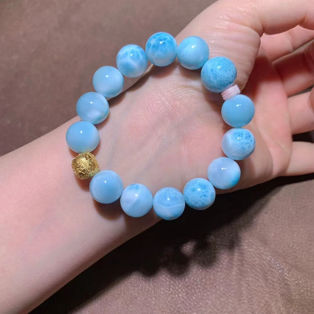 Natural Larimar Beaded Bracelet with 18K Gold Accents - 13mm "Ocean Heart" Gemstone Jewelry for Calm, Communication & Intuition
