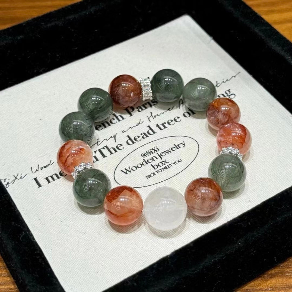 Maillard Color Crystal Bracelet, Designer Crystal Jewelry, Red Rutilated Quartz, Green Rutilated Quartz, White Phantom Crystal, Healing Bracelet