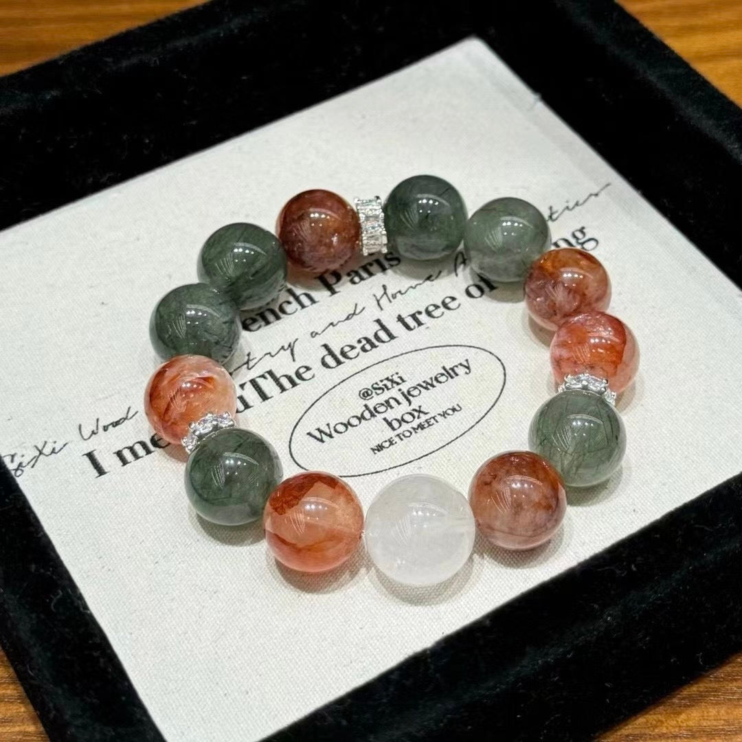 Maillard Color Crystal Bracelet, Designer Crystal Jewelry, Red Rutilated Quartz, Green Rutilated Quartz, White Phantom Crystal, Healing Bracelet