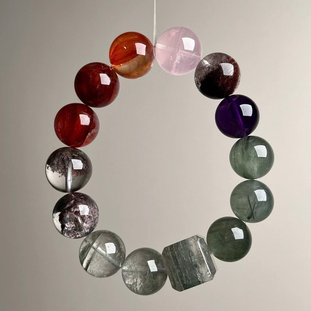 Natural Crystal Beaded Bracelet Set - Multi-Gemstone Feng Shui Jewelry for Wealth, Career & Love (15mm)