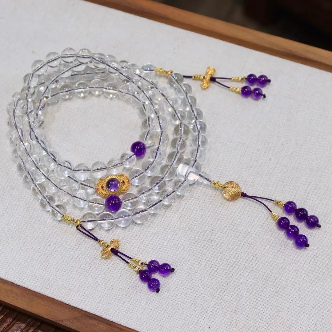 Purple Qi from the East 📿 Natural White Crystal 108-Bead Rosary