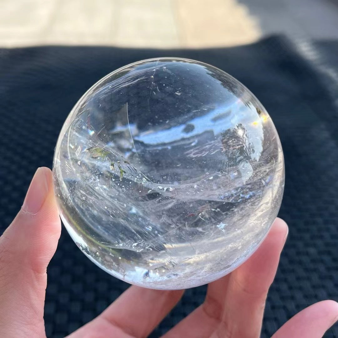 Natural White Crystal Sphere Feng Shui Decor - 7.4cm (7cm) Reiki Metaphysical Healing Crystal Ball with Stand