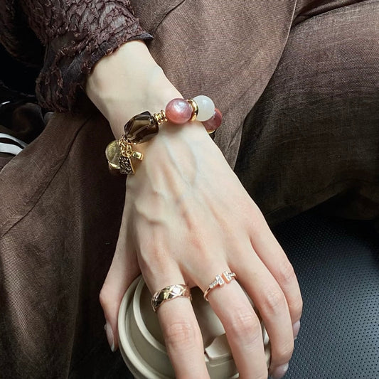 Twilight Realm · Twilight Narrative Series | Pink Lepidolite & Rabbit Hair Quartz Bracelet | Retro Brown 15mm