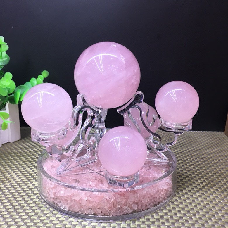 Natural Rose Quartz Sphere Seven-Star Array | Central Sphere 6.5cm, Surrounding Spheres 3.5cm, 15cm Base - Premium Love Energy Crystal Decor