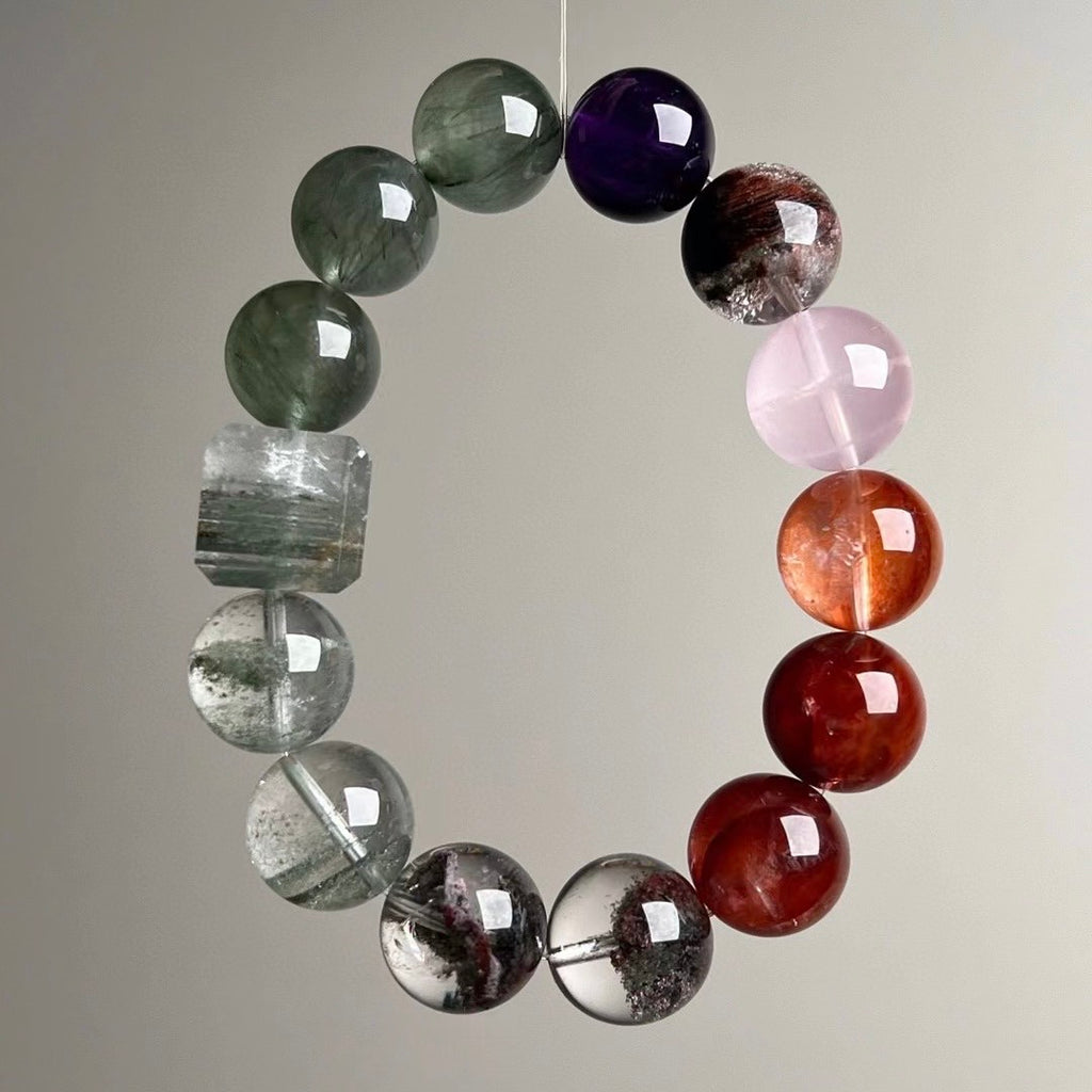 Natural Crystal Beaded Bracelet Set - Multi-Gemstone Feng Shui Jewelry for Wealth, Career & Love (15mm)