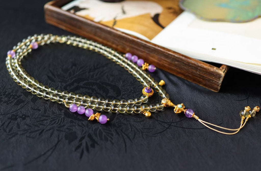 Citrine 108 Beads Mala 8mm - Sterling Silver Gold-Plated Sodalite Meditation Jewelry