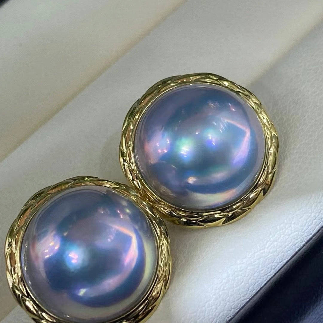 Starry Sky Blue Mabe Pearl Drop Earrings | 18K Gold Checkerboard Setting