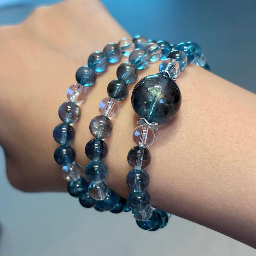 AAA Aquamarine Jet-Black Glitter Bracelet - Top-Grade Iridescent Reiki Metaphysical Healing Crystal Jewelry
