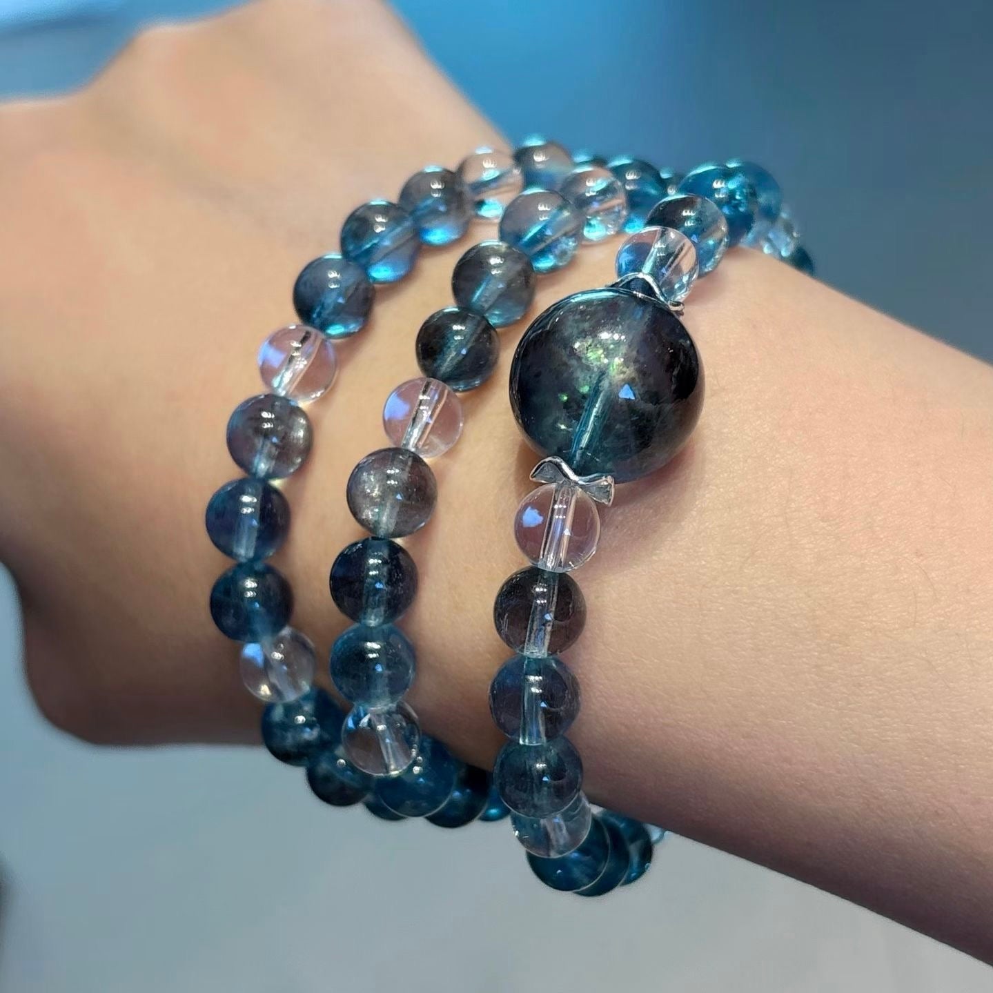 AAA Aquamarine Jet-Black Glitter Bracelet - Top-Grade Iridescent Reiki Metaphysical Healing Crystal Jewelry