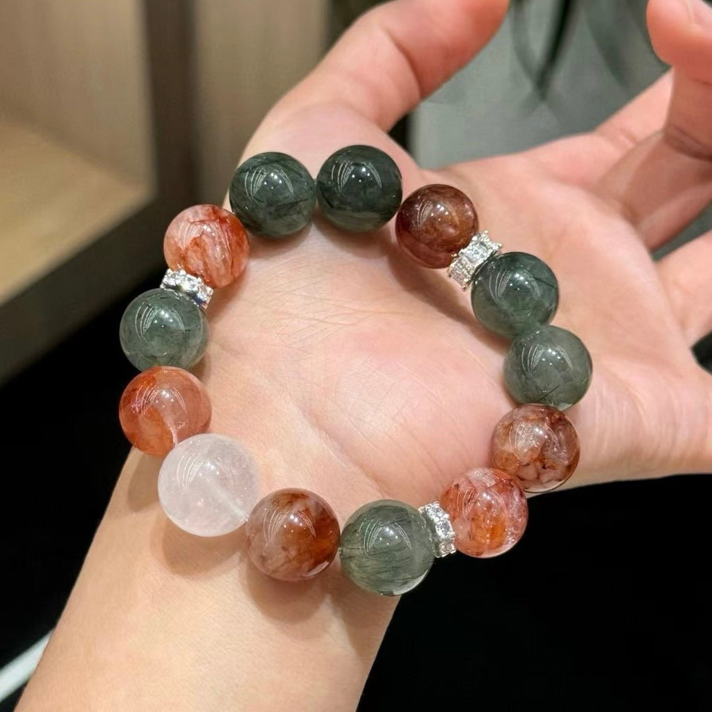 Maillard Color Crystal Bracelet, Designer Crystal Jewelry, Red Rutilated Quartz, Green Rutilated Quartz, White Phantom Crystal, Healing Bracelet