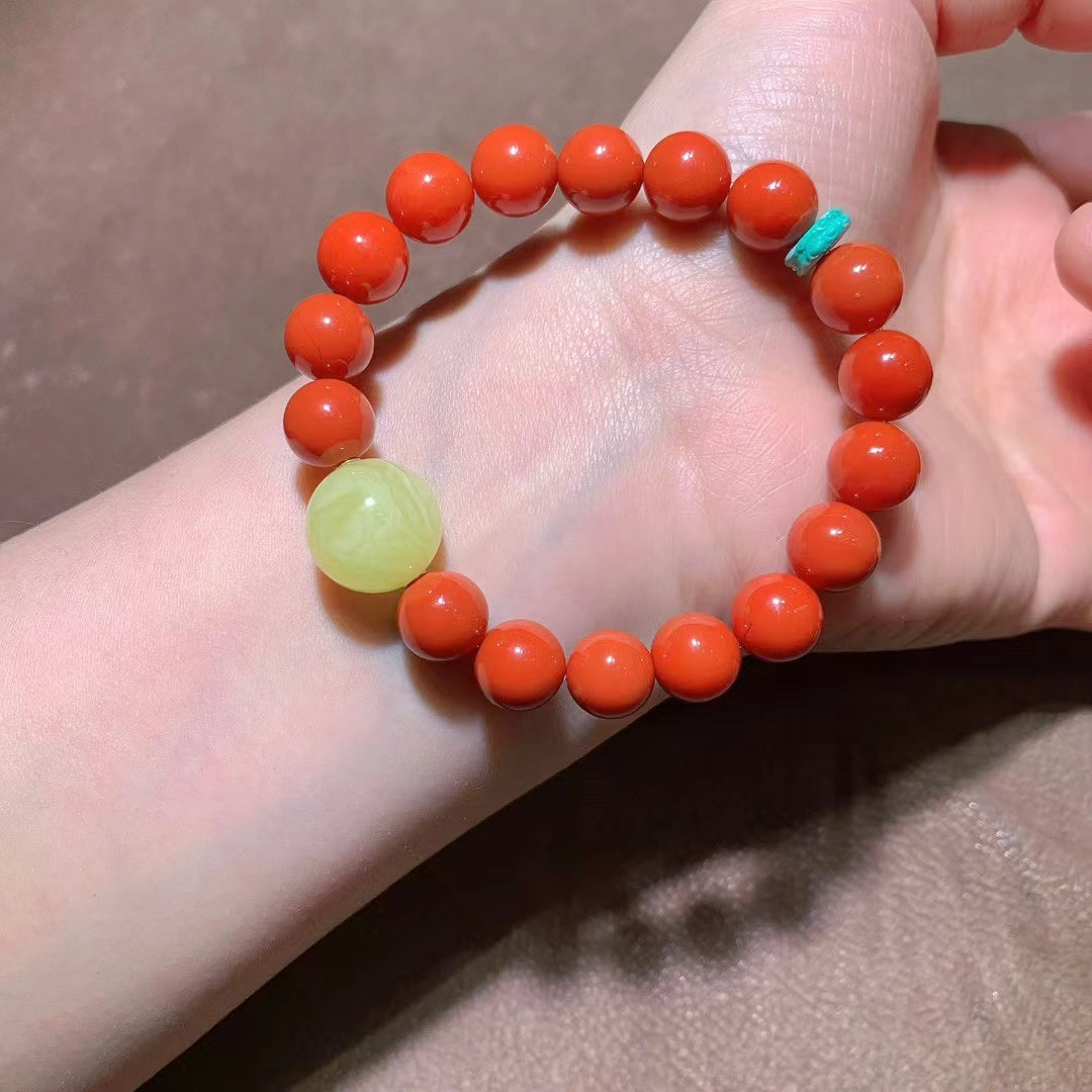 Natural South Red Agate Beaded Bracelet with Amber & Turquoise - 10.2mm Handmade Jewelry for Love, Emotional Calm & Cancer Zodiac (18K Gold Accents)